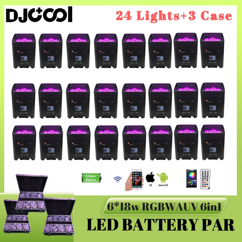 4pcs LED Battery Powered Par Light with bag or 8pcs 6*18w RGBWAUV 6in1 Light with Flightcase Auto/Sound/DMX/Wifi/APP/Remote