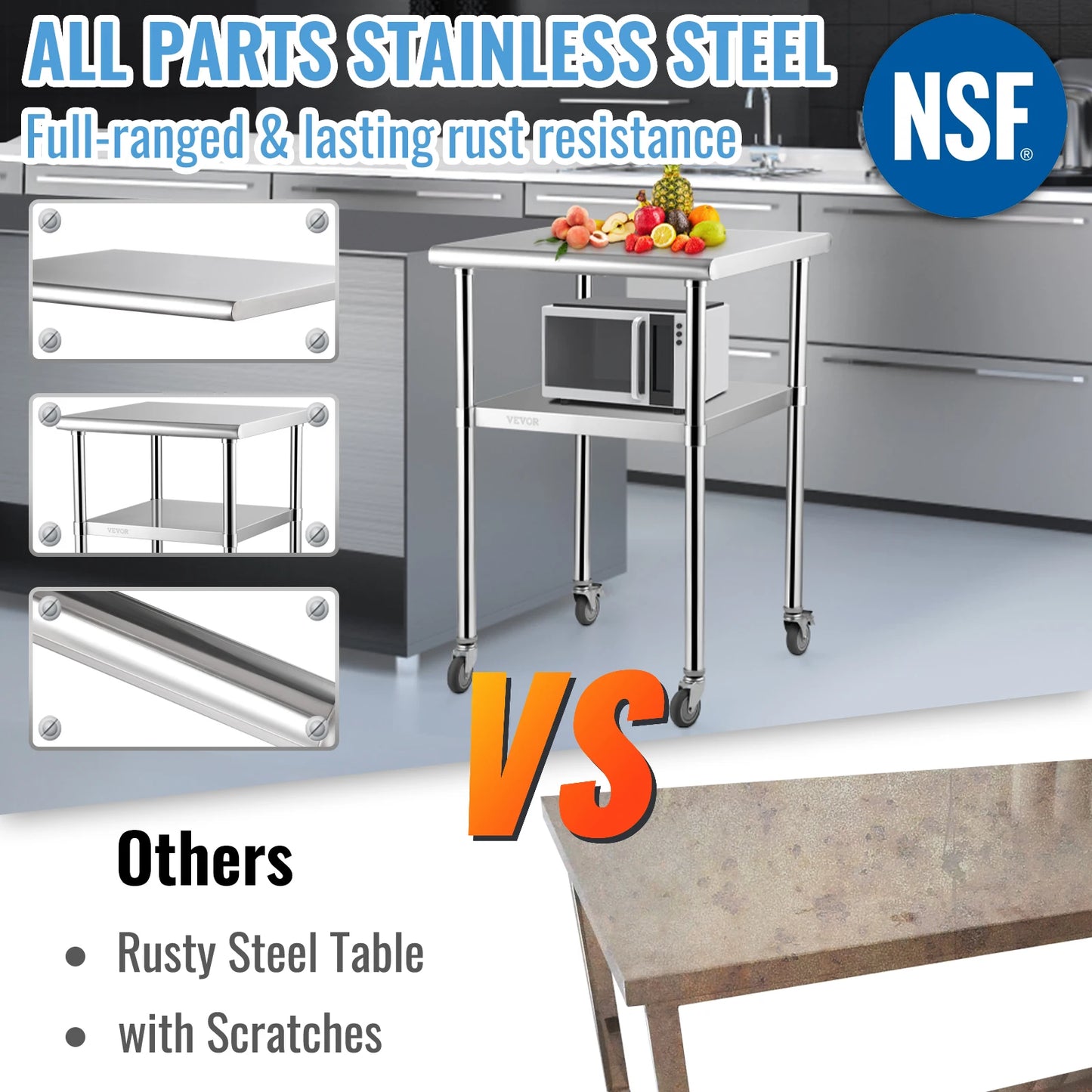 SucceBuy 24 x 24 in Stainless Steel Kitchen Worktable shelves Commercial Work Bench Table with Caster Wheels for Home Kitchen