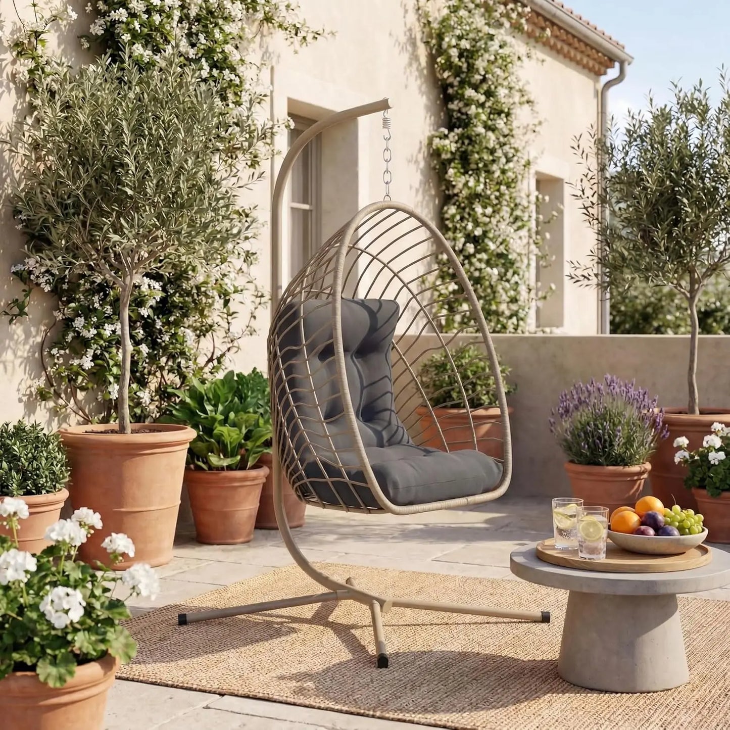 PE Rattan Egg Chair With Stand Hanging Swing Cushion Heavy Duty Metal Frame 350lbs Patio Porch Garden Bedroom 2pcs Customized