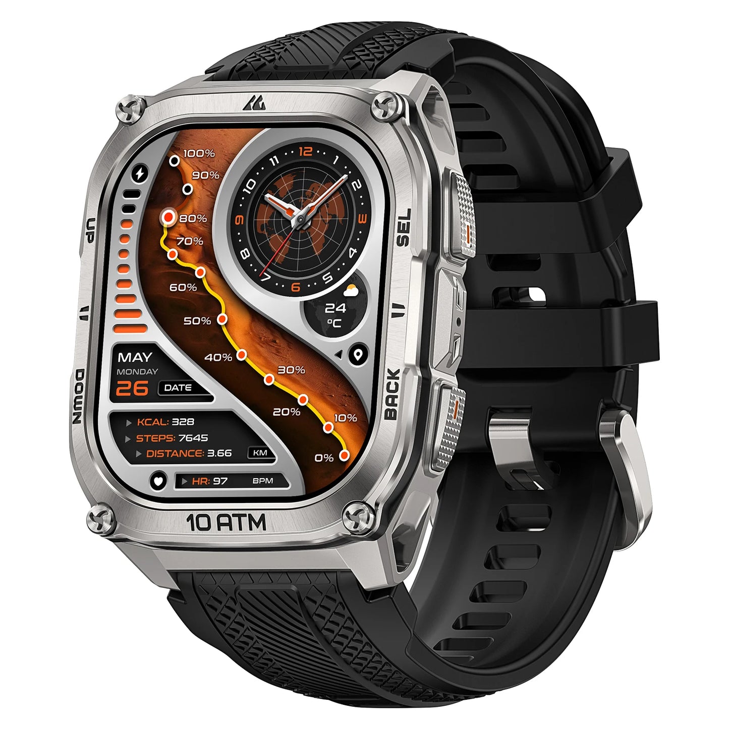 KOSPET Tank M4 Smart Watch Stainless Steel 6-Sat GPS Offline Maps 10ATM Waterproof 45M Dive 24/7 Health Monitor for Android iOS