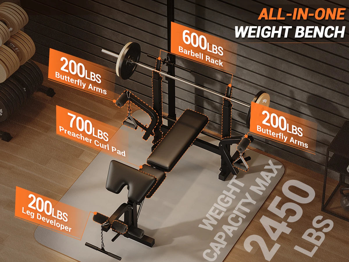 Adjustable 4-in-1 Weight Bench Set with Leg Developer Barbell Rack Butterfly Arm Preacher, Foldable Workout Bench for Home Gym