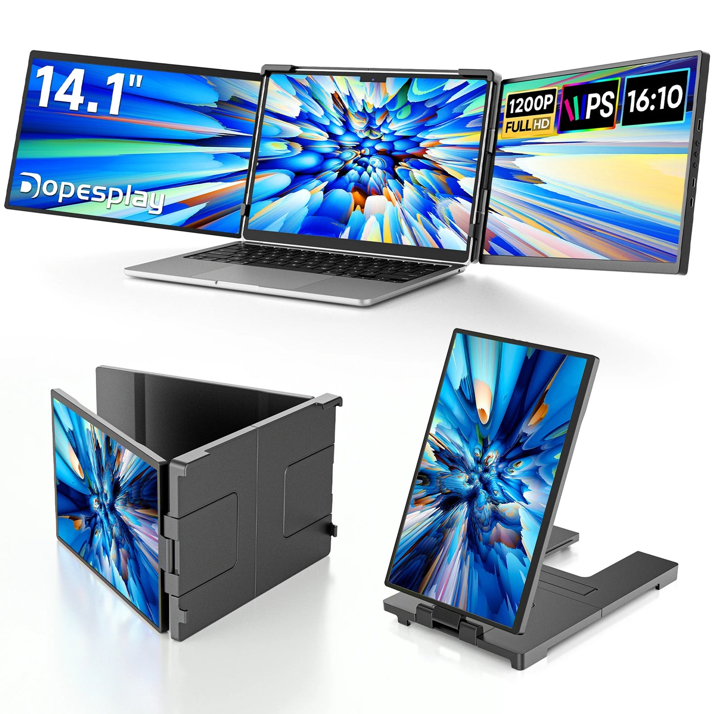 14.1inch Laptops Screen Extender Triple Dual 1200P IPS Portable Monitor for Windows PC MacBook Chrome Laptop 13.3-17.3
