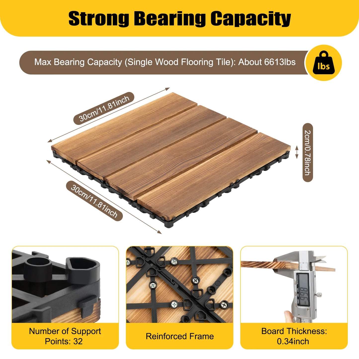 36 PCS 12"x12" Solid Wood Floor Tile Non-slip Waterproof Hardwood Interlocking Deck Tiles Garden Balcony Outdoor Flooring Decor