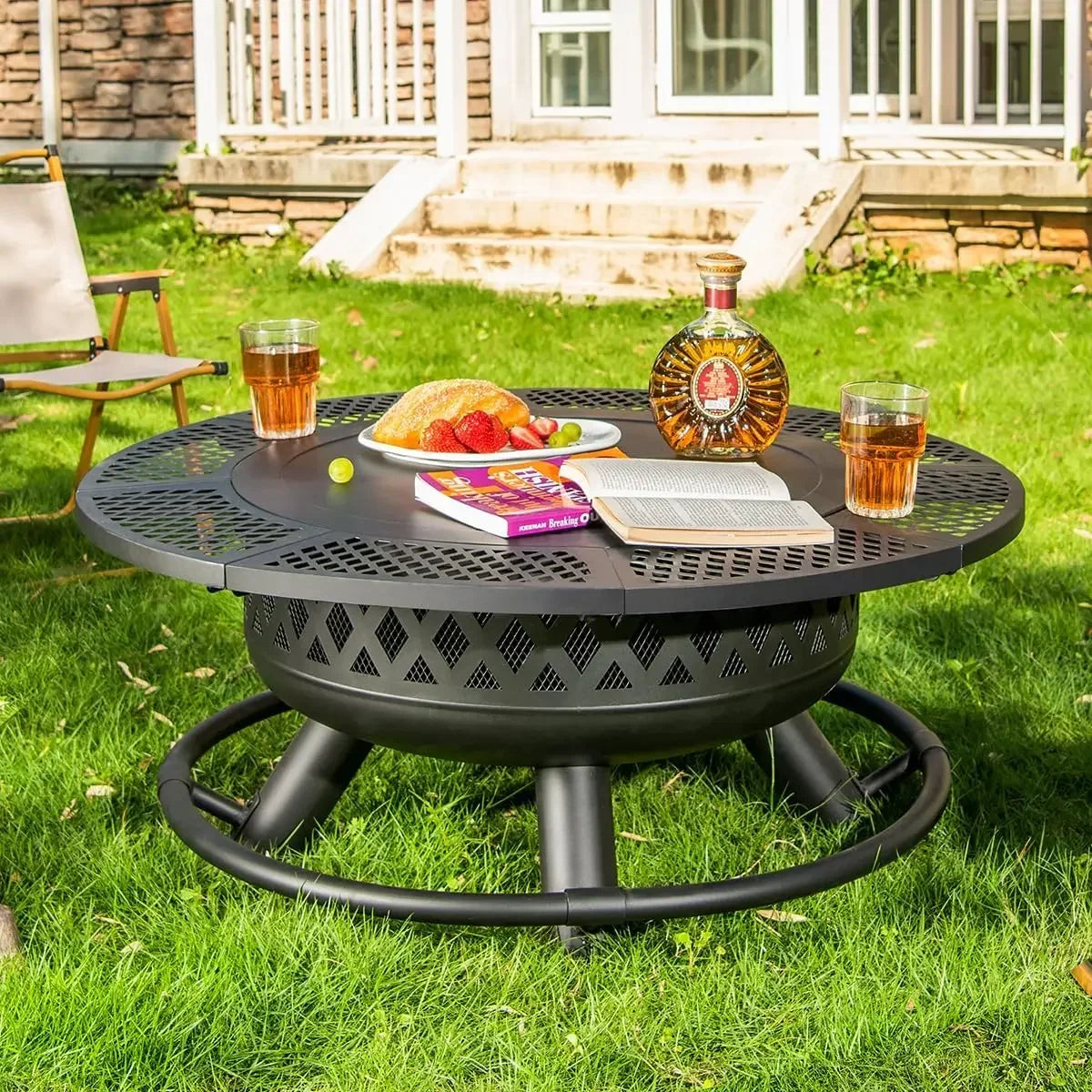 36 Inch Fire Pit with Grill,Wood Burning Fire Pits for Outside with Lid& Fire Poker,Round Metal Firepit Table 3 in 1 with Cookin