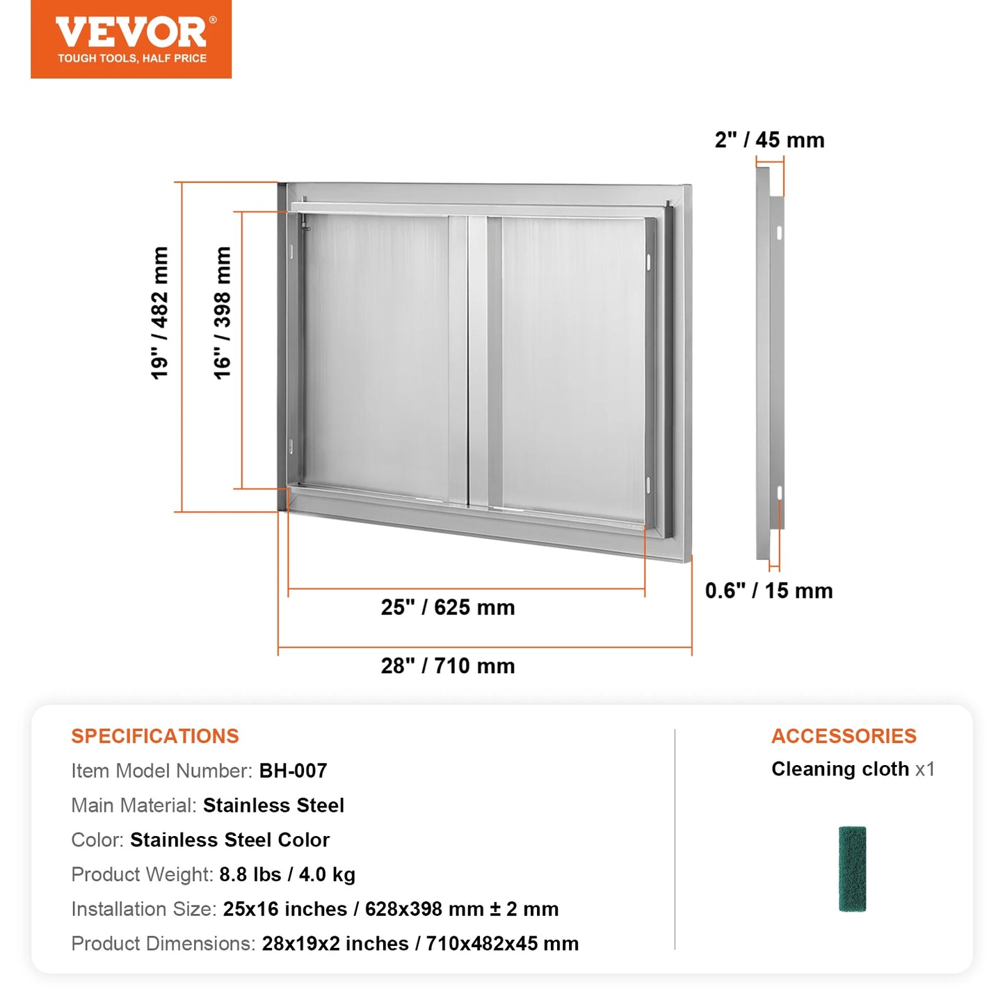 SucceBuy BBQ Access Door Stainless Steel Double Double Wall Door Panel Outdoor Kitchen Door Flush Mount Door Wall Vertical Door