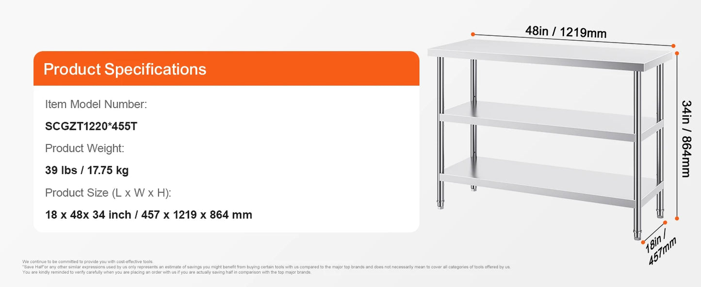 Stainless Steel Food Prep Table Commercial Kitchen Worktable with 2 Adjustable Undershelf for BBQ Kitchen Home Garage