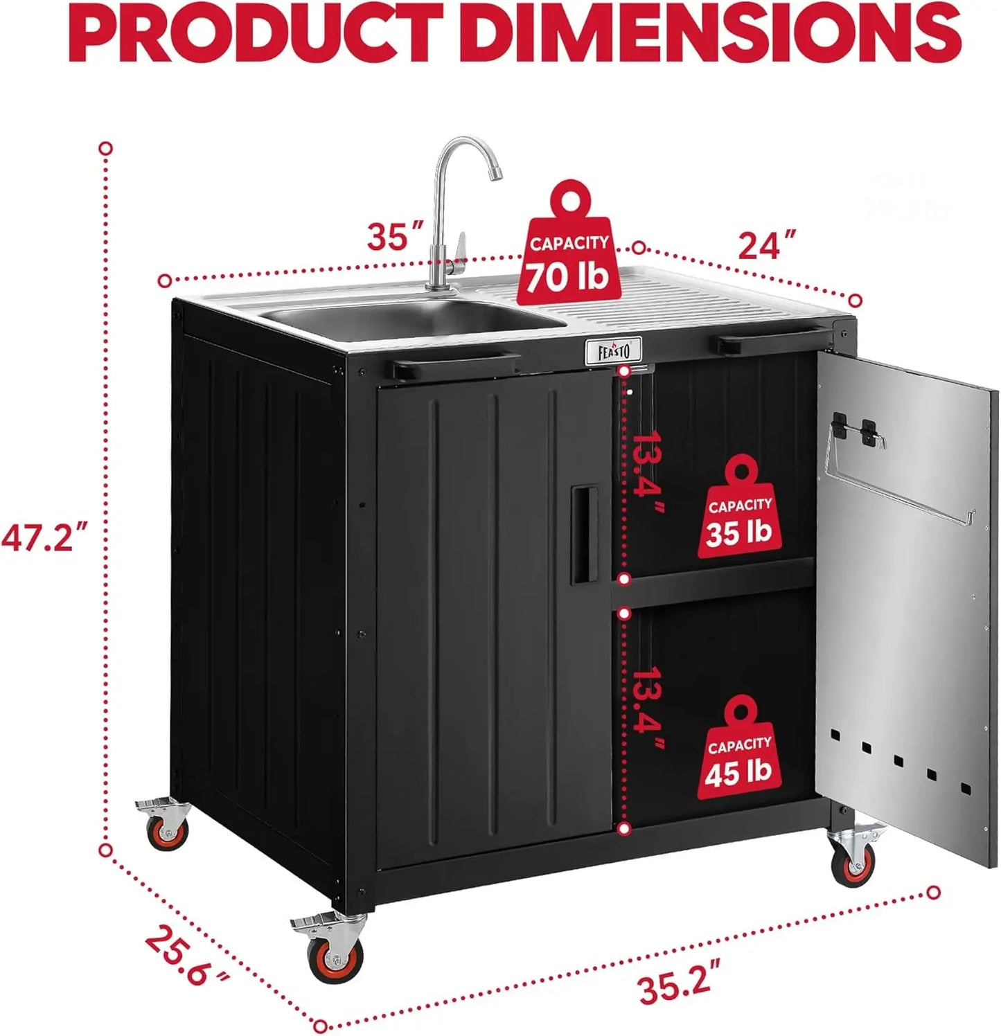 Outdoor Kitchen Island with Stainless Steel Sink and Storage Cabinet, 35-Inch BBQ Prep Station with Faucet & Lockable Wheels for
