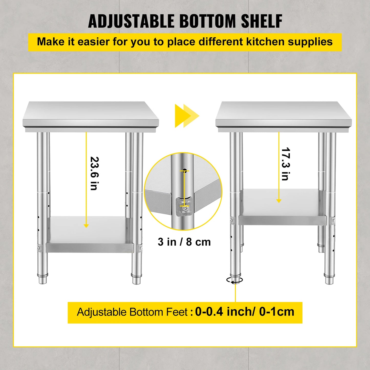 SucceBuy Stainless Steel Table for Prep & Work Metal Commercial Kitchen Heavy Duty Table with Adjustable Under Shelf and Foot
