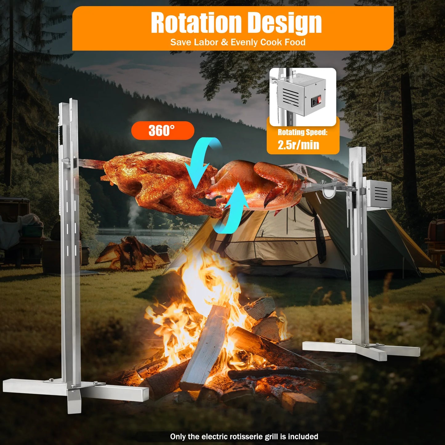 53" Automatic BBQ Rotisserie Grill Kit Height Adjustable Universal Roaster Stand Stainless Steel Hexagon Spit Rod for Pig Lamb