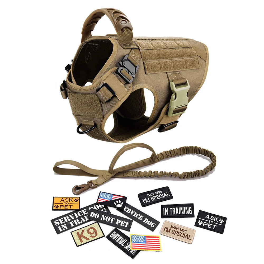 Dog Harness Leash Collar Patches Set for Medium Large Dogs Military Pet Vest Adjustable Tactical Dog Harnesses Training Walking