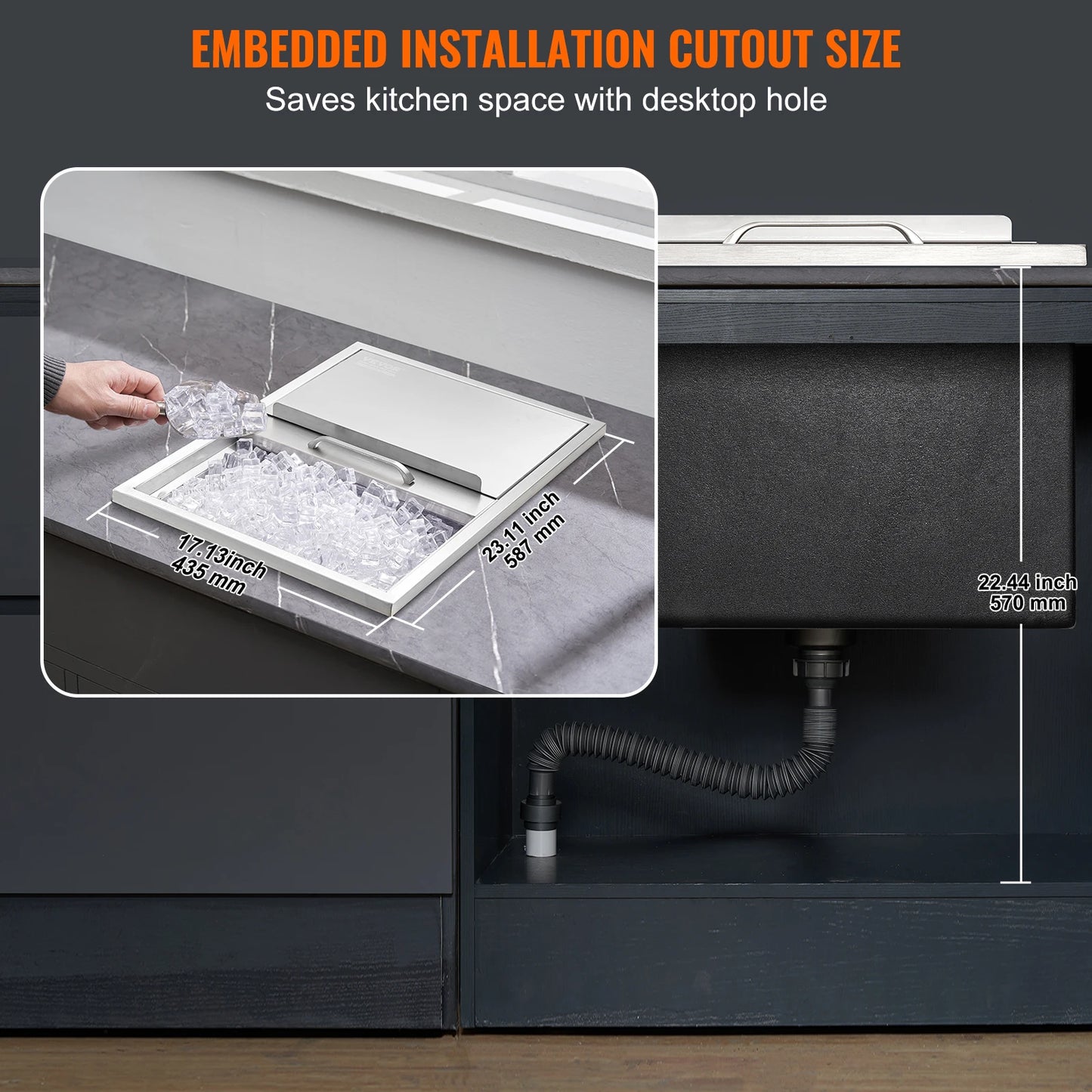 SucceBuy Drop in Ice Chest Stainless Steel Ice Cooler Commercial Ice Bin with Sliding Cover Outdoor Kitchen Ice Bar