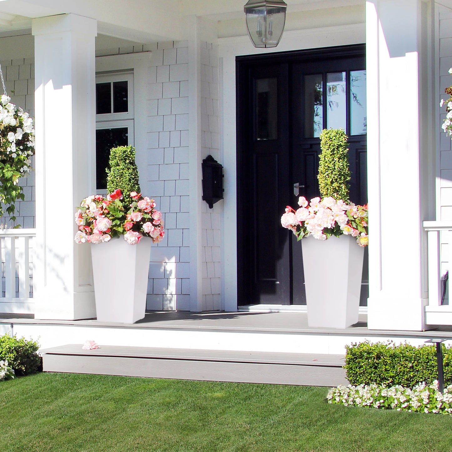 2 PCS 22.4 Inch Tall Planter Indoor ＆ Outdoor Black Taper Planter with Shelf Insert Self-Absorbing Plastic Flower Pots