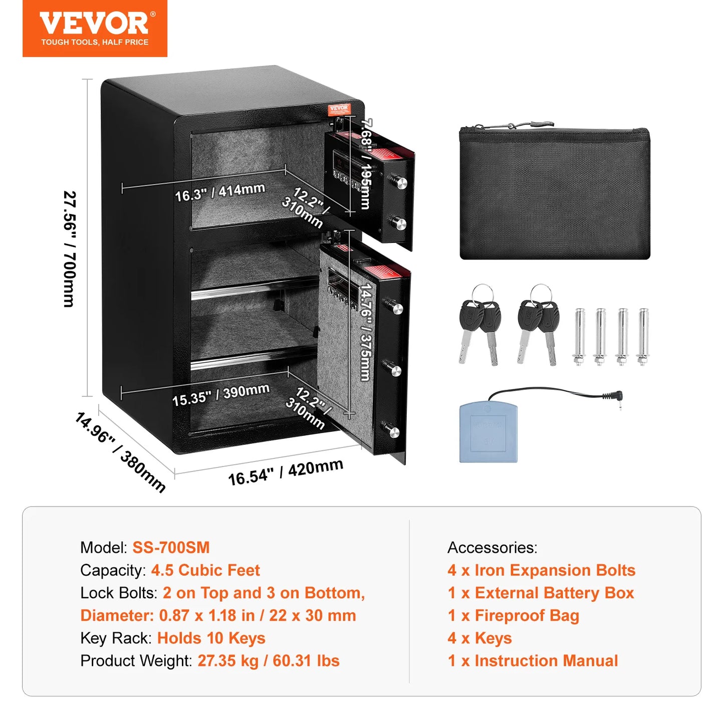 SucceBuy Single Door 4.0 cu.ft Safe Box w/ Key Lock Password & Fingerprint Safe Lock Box with Fireproof Bag Key Rack & LED Light