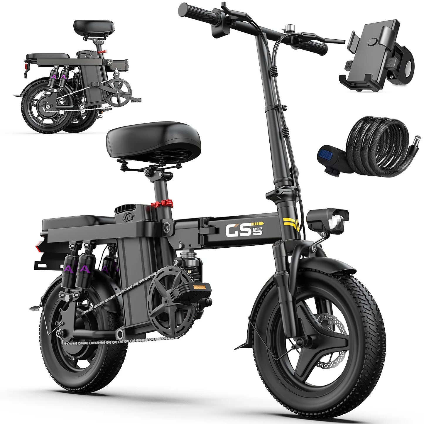 Foldable electric bicycle for adults, equipped with 14-inch tires, featuring 8 shock absorbers, a 500W motor power, a 48V 15Ah c