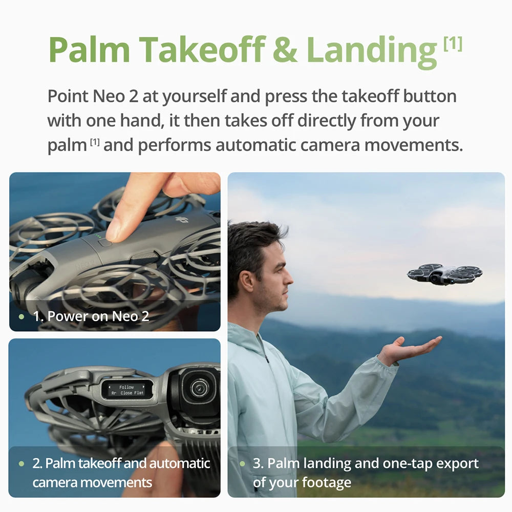 Neo 2 4K Drones With Camera Palm Takeoff & Landing Gesture Control Smooth Reliable Tracking 12m/s Faster Tracking Speed Lightweight Foldable Mini Drone All-Around Safety & Flexible Flight With 3 Batteries