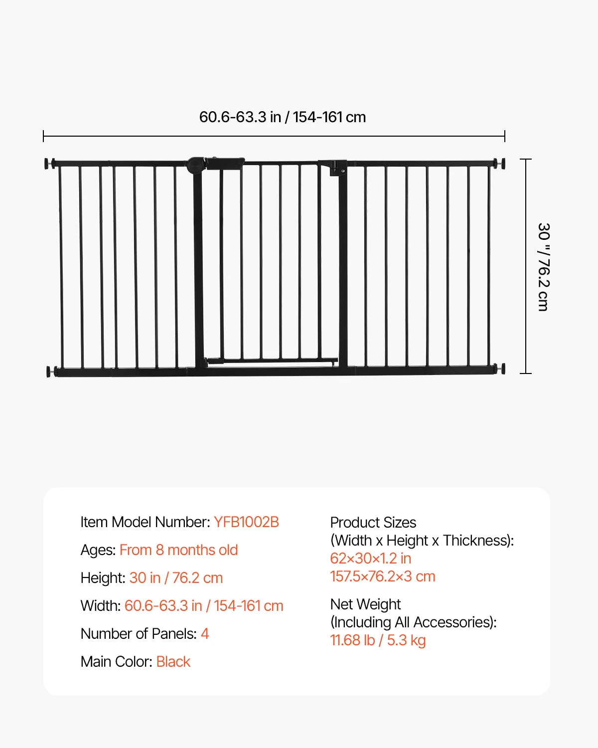 Baby Gate 28/30/36 Inches High Dog Gate Easy Step Walk Thru Child Pet Security Pressure Mount Kit Wall Cups Doorways