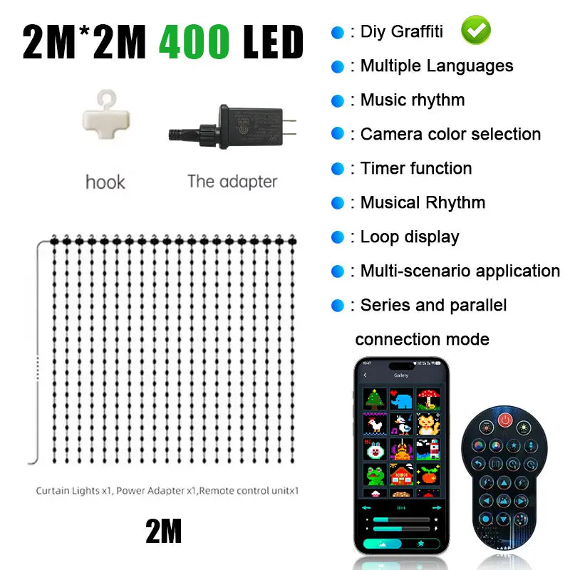 LED Decoration RGB curtain Smart Lights App Controlled String Fairy Lights DIY Pattern and Text Programmable Music Sync Reote