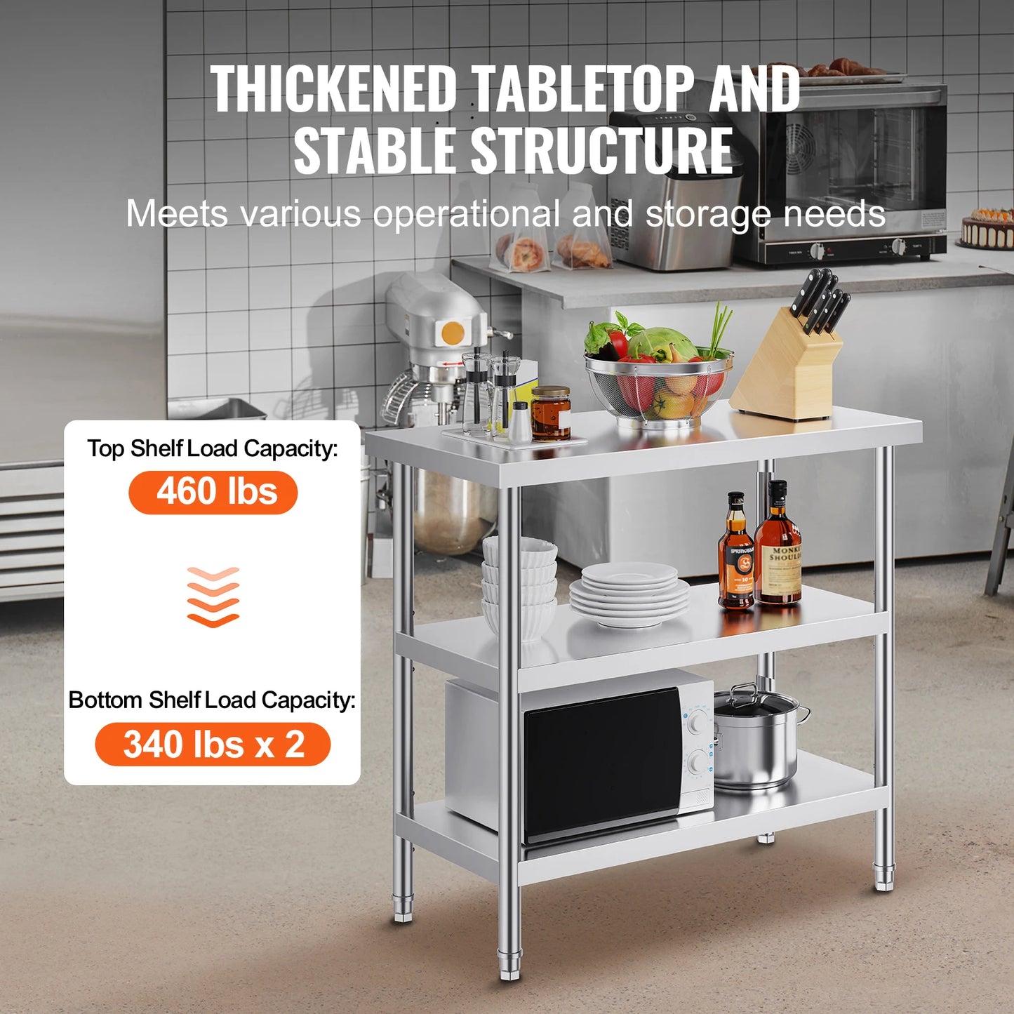 SucceBuy Stainless Steel Food Prep Table Commercial Kitchen Worktable with 2 Adjustable Undershelf for BBQ Kitchen Garage