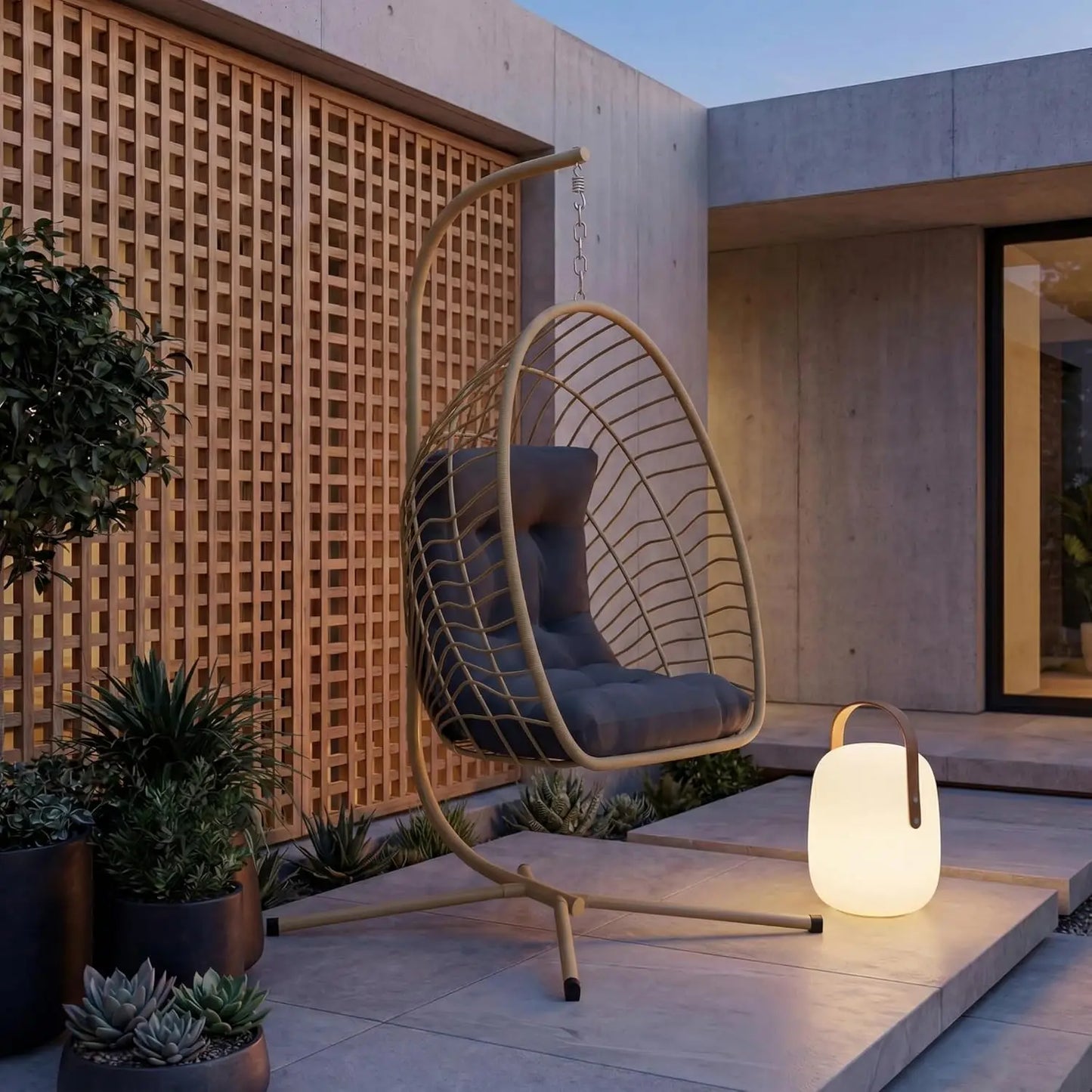 PE Rattan Egg Chair With Stand Hanging Swing Cushion Heavy Duty Metal Frame 350lbs Patio Porch Garden Bedroom 2pcs Customized