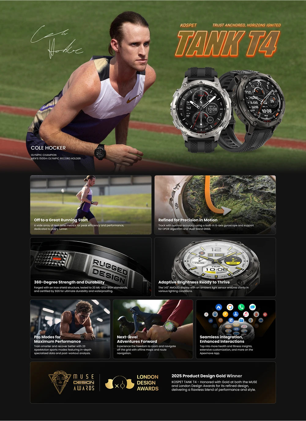 T4 Smart Watch for Men 6-Sat GPS Offline Maps 10ATM Waterproof Heart Rate Diving Skiing Hiking for Android iOS