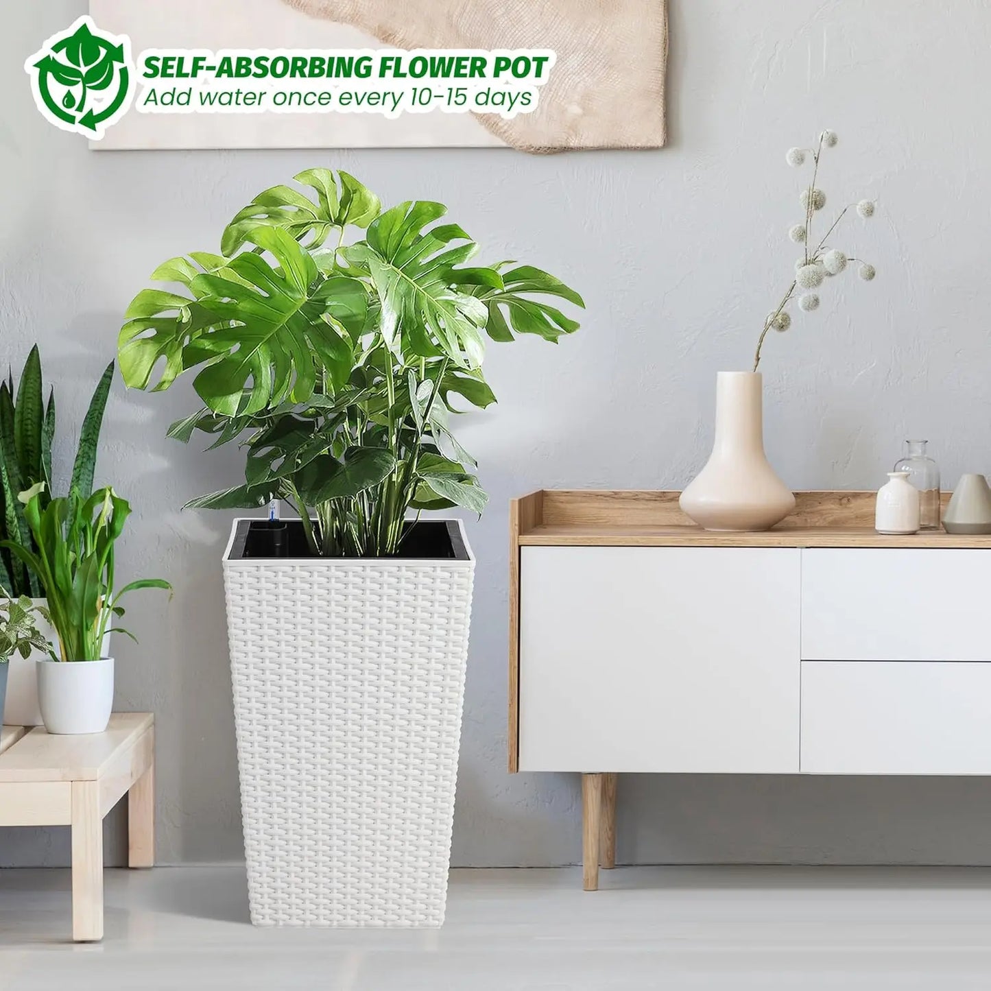 16inch/22.5inch Tall Rattan Planter Set of 2 Outdoor and Indoor Plant Pots with Water Level Monitor & Wheels, Large Flower Pot