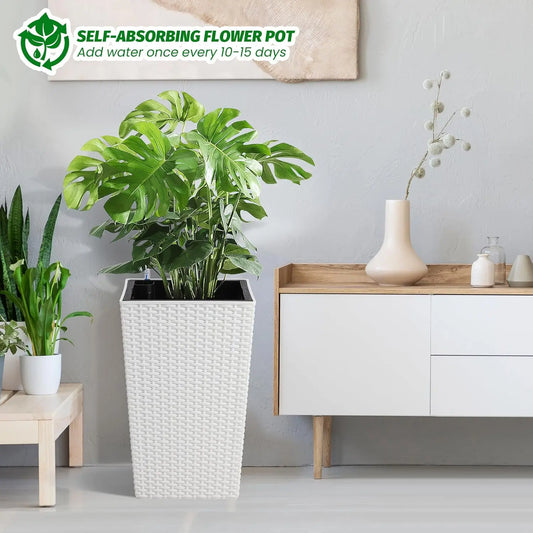 16inch/22.5inch Tall Rattan Planter Set of 2 Outdoor and Indoor Plant Pots with Water Level Monitor & Wheels, Large Flower Pot