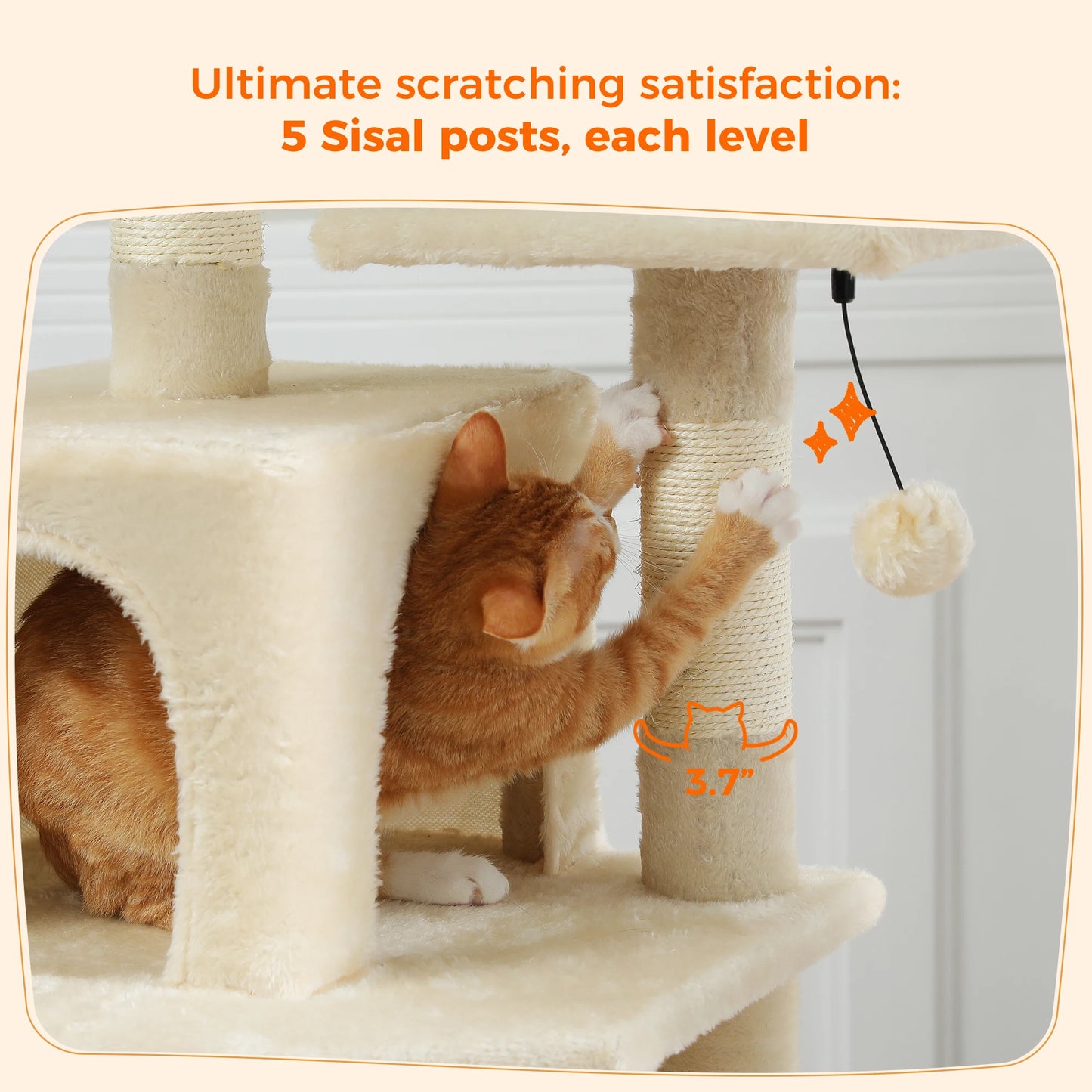 6-levels Cat Tree Tower with Joyful Pompom,Cozy Hammock,Double Condos,2 Top Perches,5 Scratching Posts Perfect for Indoor Cats