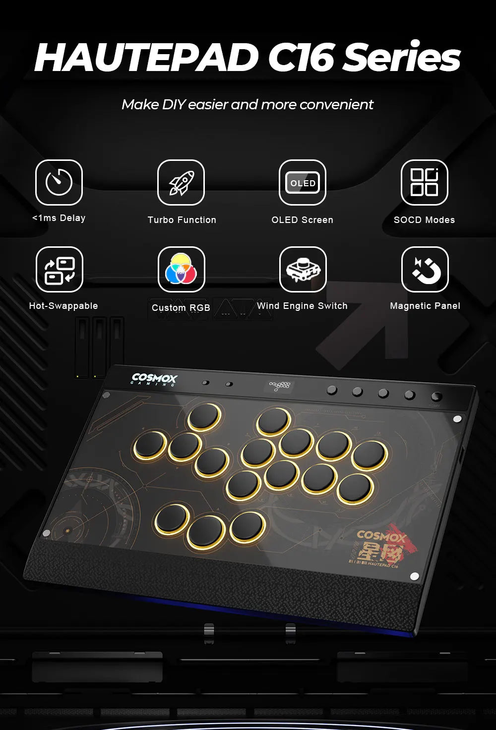 New C16 Orange Magnetic Stickless Arcade Stick Leverless Hitbox Controller for For PC/PS4/PS5/Switch Leverless Stick