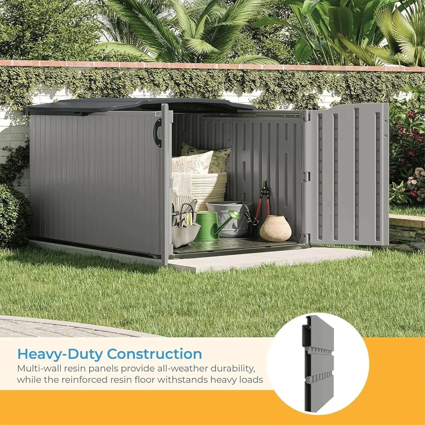 2025NEW Glidetop Horizontal Outdoor Storage Shed with Pad-Lockable Sliding Lid and Doors, All-Weather Shed 57.5" W x 79.75" D x