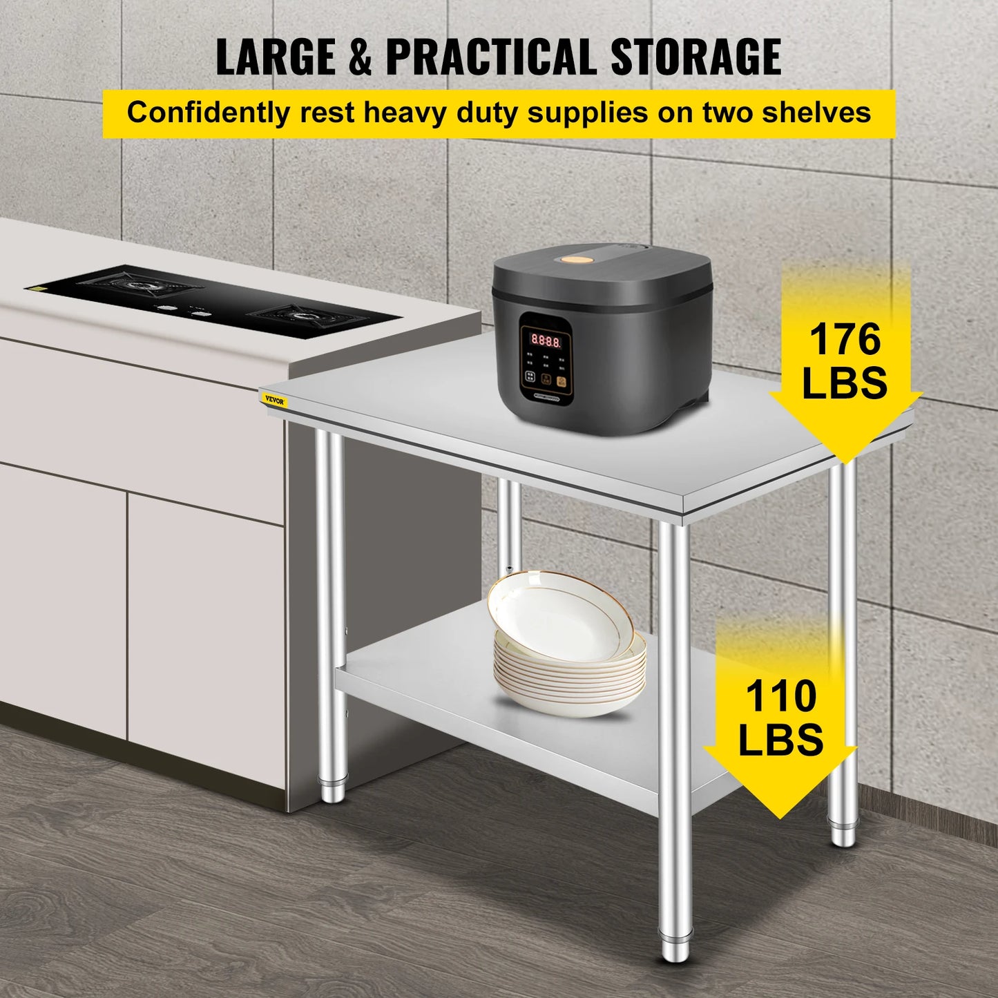 SucceBuy Kitchen Work Bench Commercial Catering Table Worktable with Undershelf Stainless Steel 330LBS 286LBS Restaurant Garage