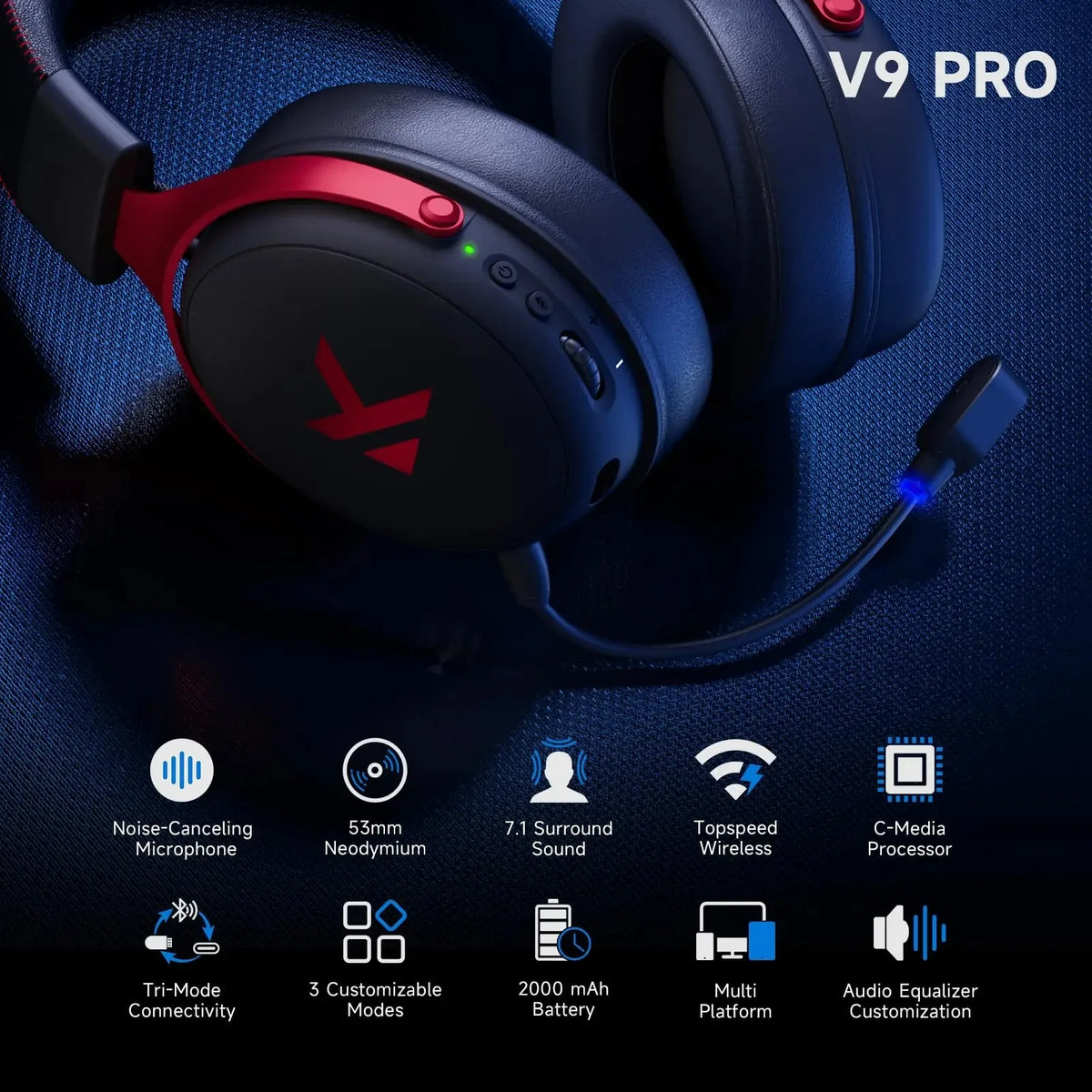 V9 Pro Wireless Gaming Headset 7.1Surround Sound Headphones Noise Canceling Mic Low Latency Lightweight for PS5 PC SWITCH