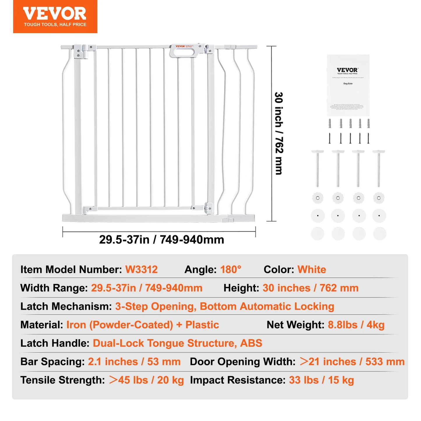 Baby Gate 28/30/36 Inches High Dog Gate Easy Step Walk Thru Child Pet Security Pressure Mount Kit Wall Cups Doorways