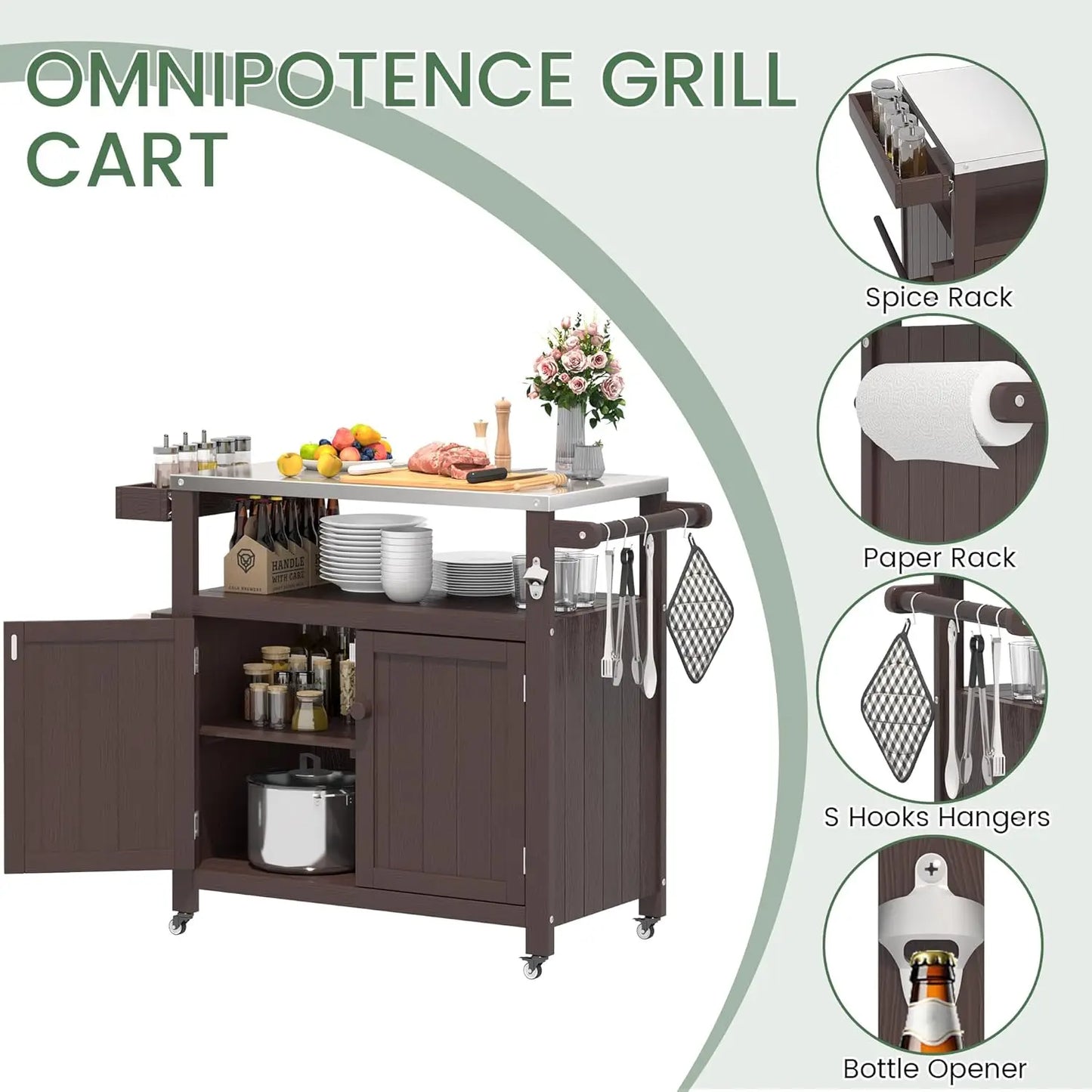 HIPS Outdoor Kitchen Island Stainless Top Cabinet Wheels BBQ Prep Brown, Customized
