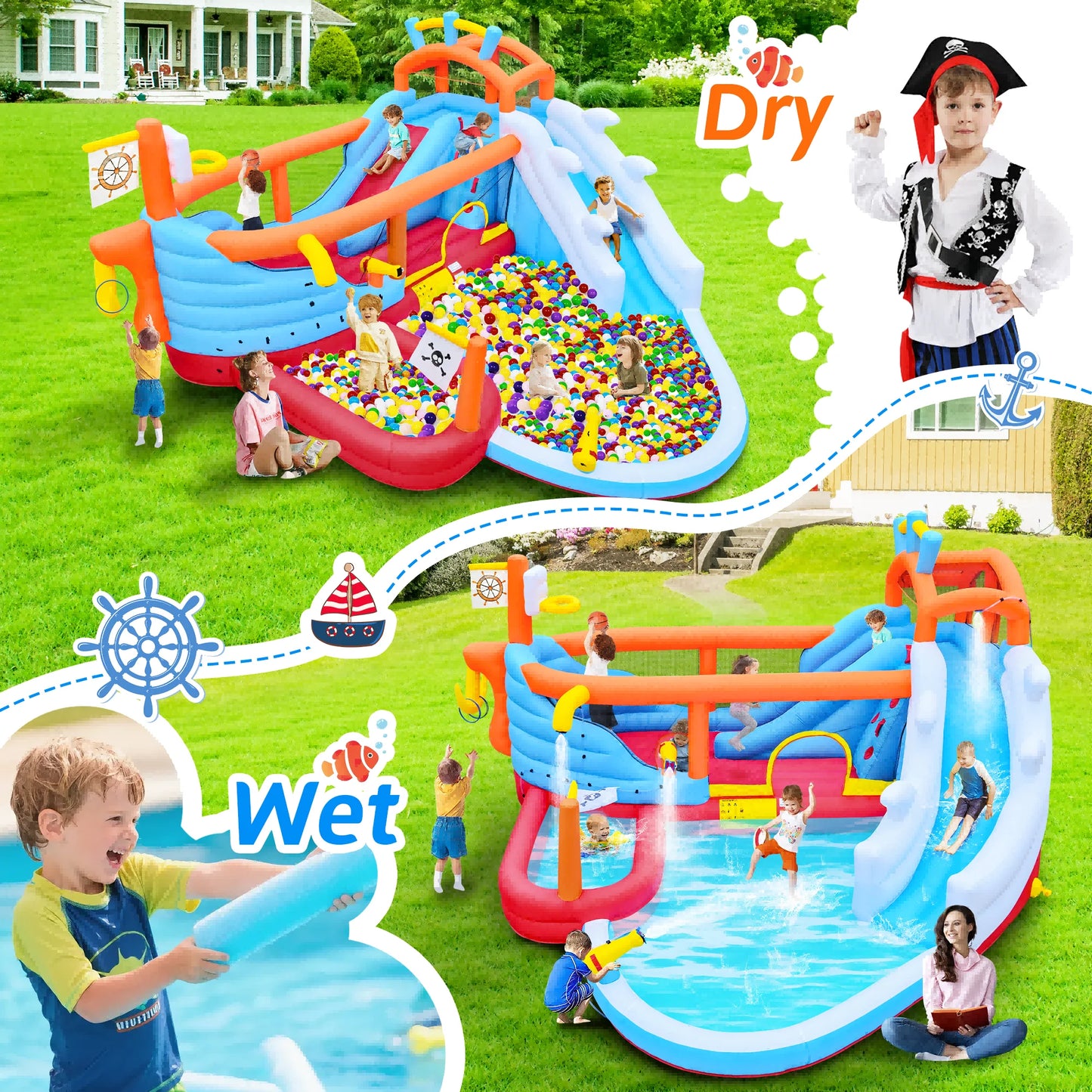 9-in-1 Inflatable Water Slide Park, Kids Bounce House with Jump Area, Dual Slides, Outdoor Backyard Party Inflatable Bouncy Cast