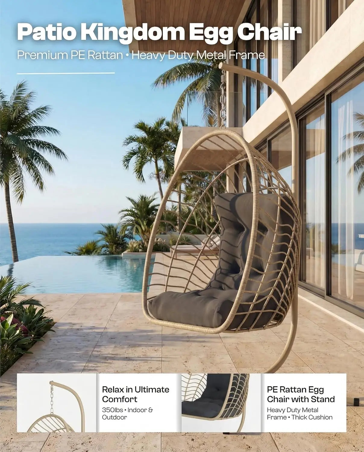 PE Rattan Egg Chair With Stand Hanging Swing Cushion Heavy Duty Metal Frame 350lbs Patio Porch Garden Bedroom 2pcs Customized