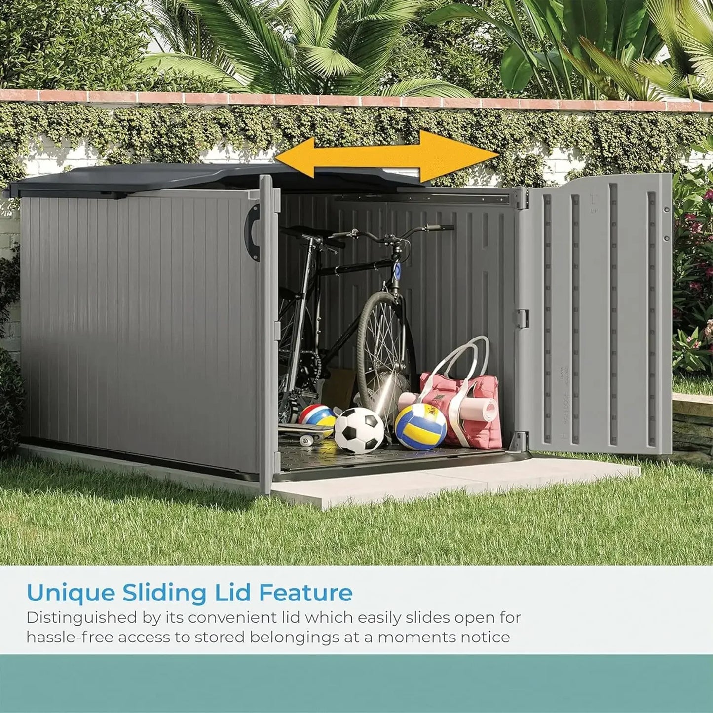 2025NEW Glidetop Horizontal Outdoor Storage Shed with Pad-Lockable Sliding Lid and Doors, All-Weather Shed 57.5" W x 79.75" D x