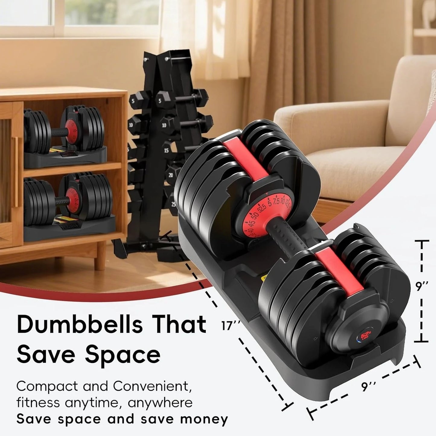 New Upgraded 2-Pack Adjustable Dumbbells, 25/52.5 lbs, 9/15 Weight Levels with Secure Locking System, Customized