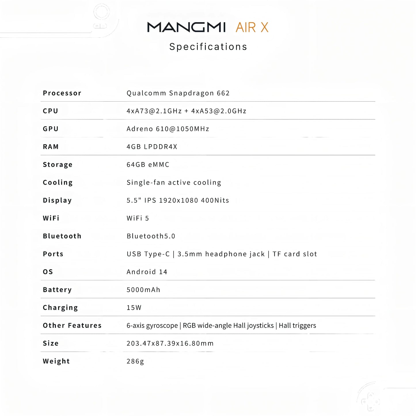 MANGMI AIR X Handheld Game Console Snapdragon 662 5.5'' Touchscreen Android 14 Active Cooling Fan 15W Fast Charging RGB