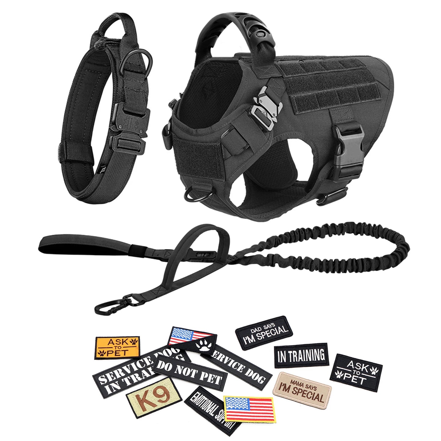 Dog Harness Leash Collar Patches Set for Medium Large Dogs Military Pet Vest Adjustable Tactical Dog Harnesses Training Walking