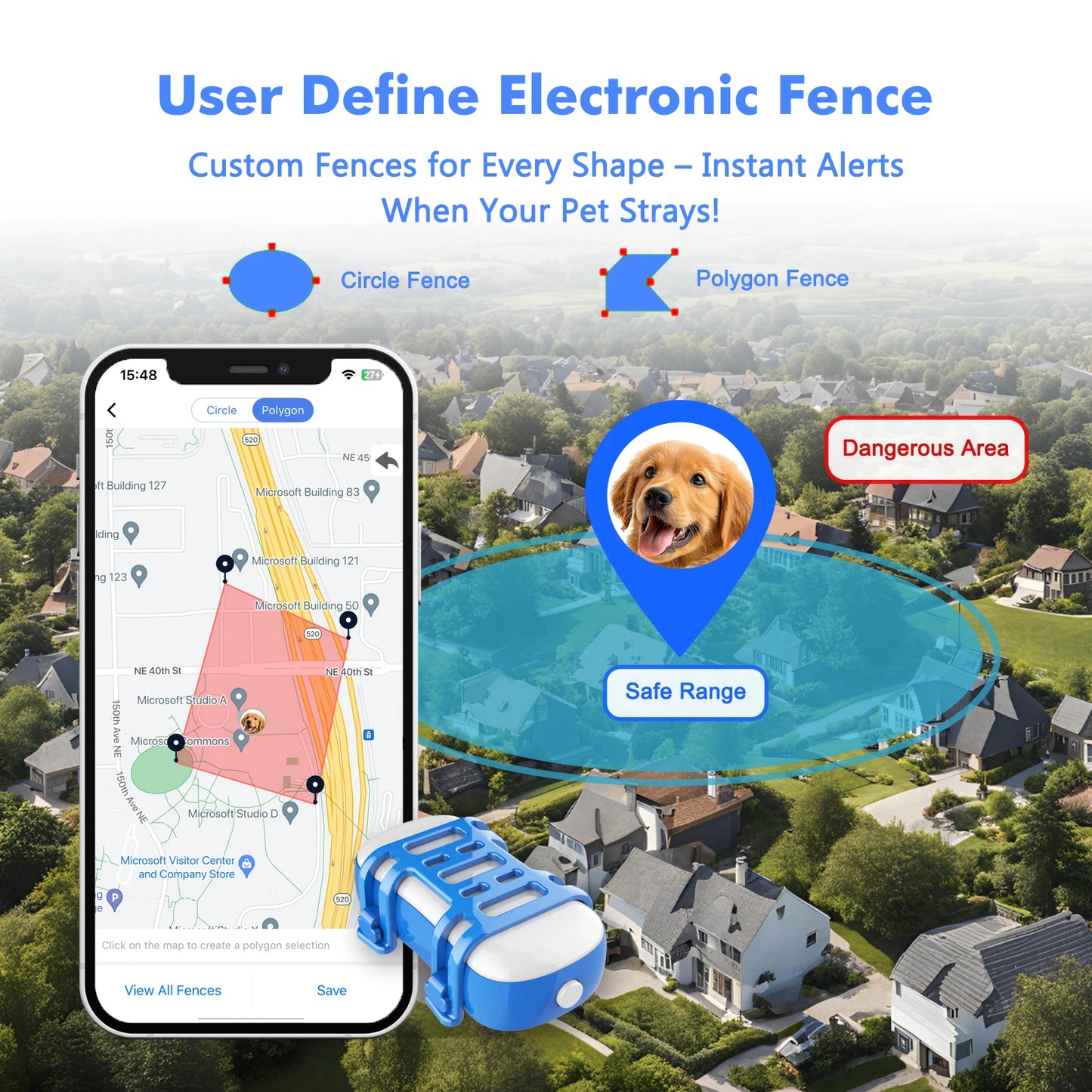GPS Pet Tracker for Dogs Cats Built-in IoT Sim WiFi Tracking Unlimited Distance QR Code Anti-Lost Locator, Subscription Required
