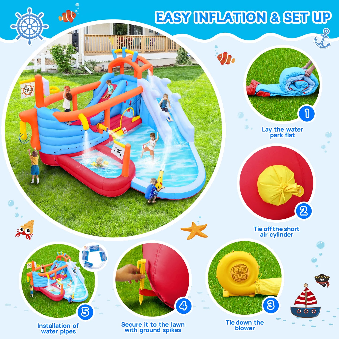 9-in-1 Inflatable Water Slide Park, Kids Bounce House with Jump Area, Dual Slides, Outdoor Backyard Party Inflatable Bouncy Cast