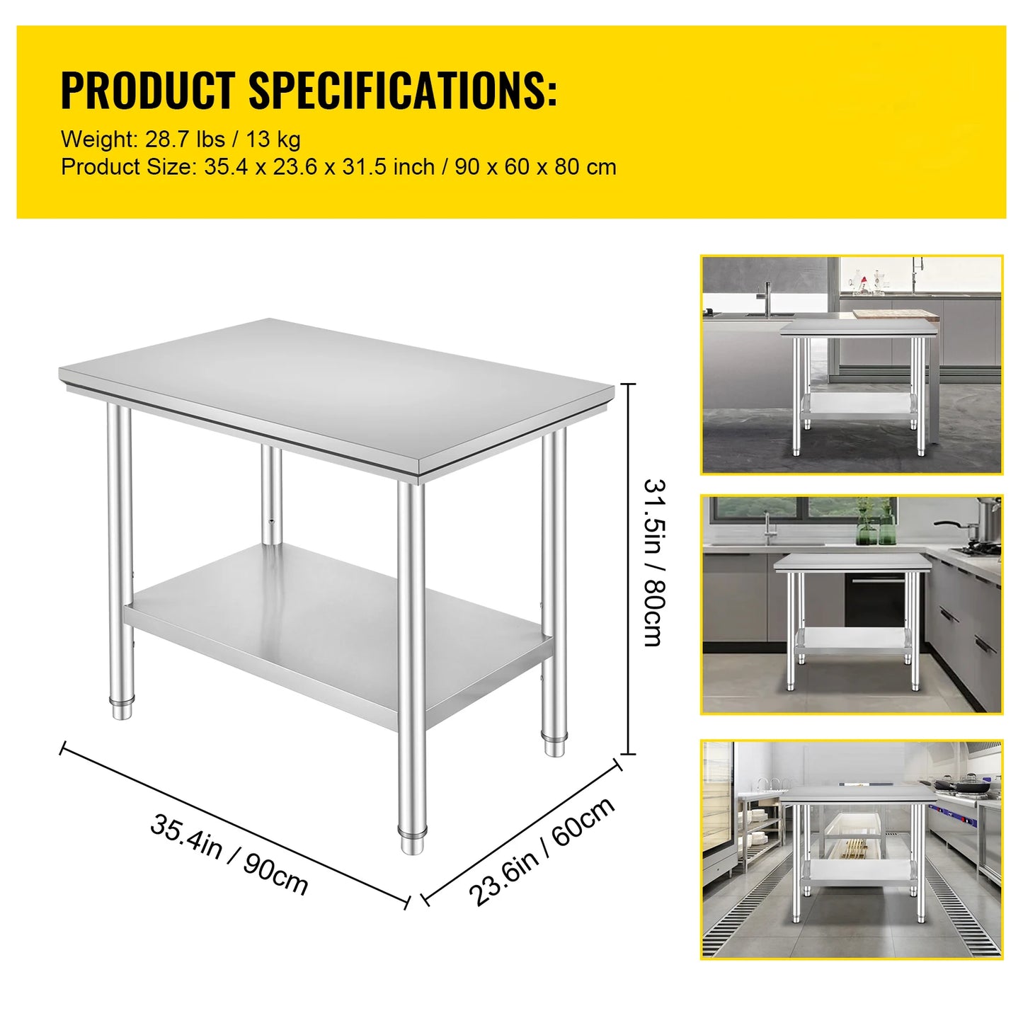 SucceBuy Stainless Steel Table for Prep & Work Metal Commercial Kitchen Heavy Duty Table with Adjustable Under Shelf and Foot