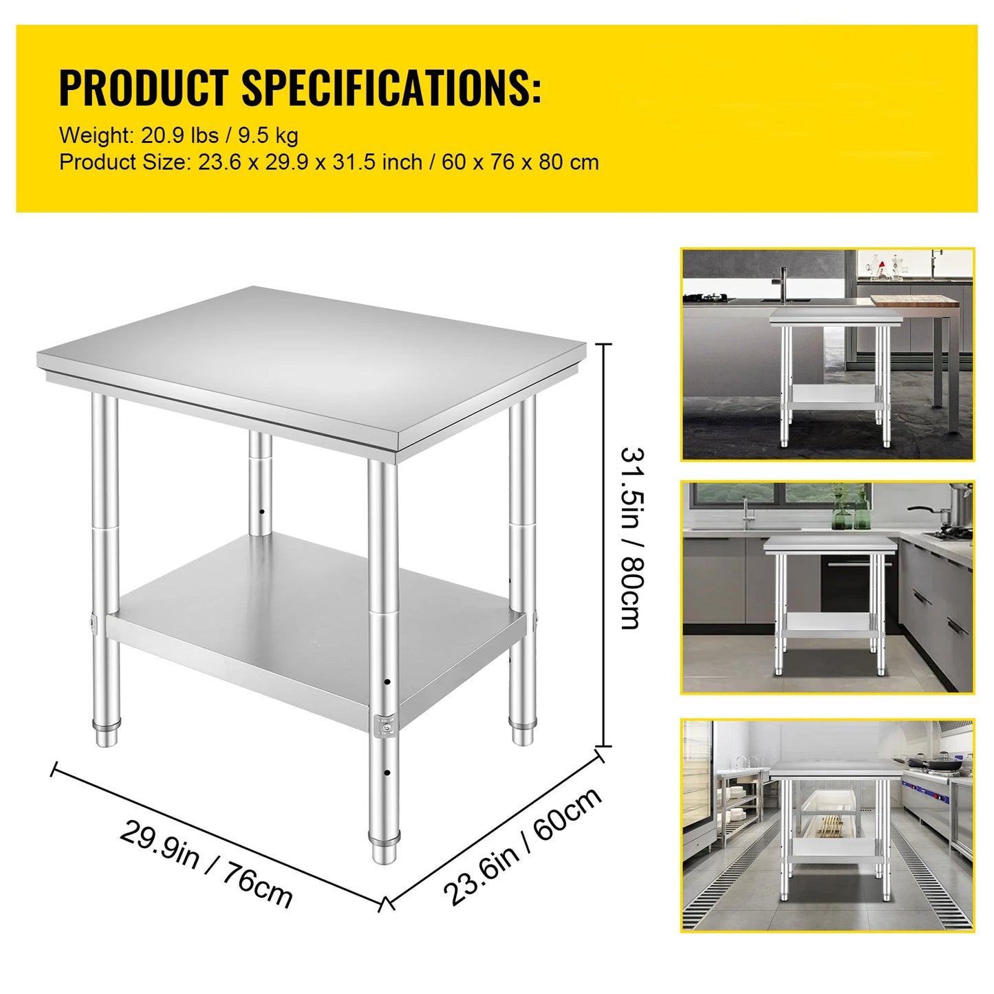 SucceBuy Stainless Steel Table for Prep & Work Metal Commercial Kitchen Heavy Duty Table with Adjustable Under Shelf and Foot