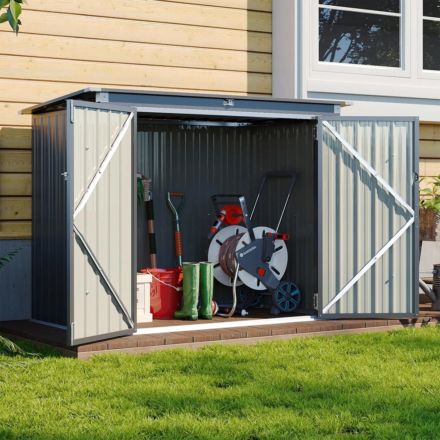 80 cu.ft Metal Outdoor Storage Shed with Chain Lid Waterproof Garbage Can Organizer for 2 Bins Toys Garden Tools, Customized