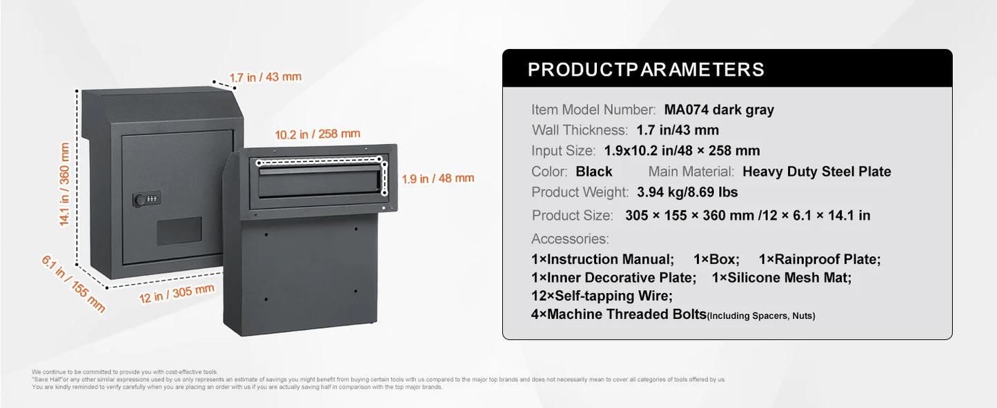 SucceBuy Through The Door Key Drop Box Heavy Duty Steel Plate Through the Door Mailbox with 12" Combination Lock Mail Drop Box