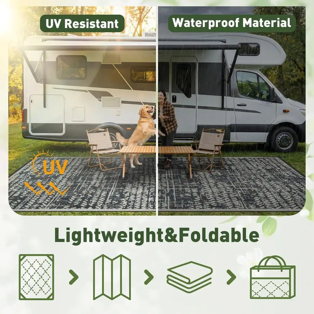 Waterproof Patio Rug Mat Outdoor RV Camping Picnic Beach Mat Plastic Straw Rugs Area Rugs for Balcony Deck Backyard Grey
