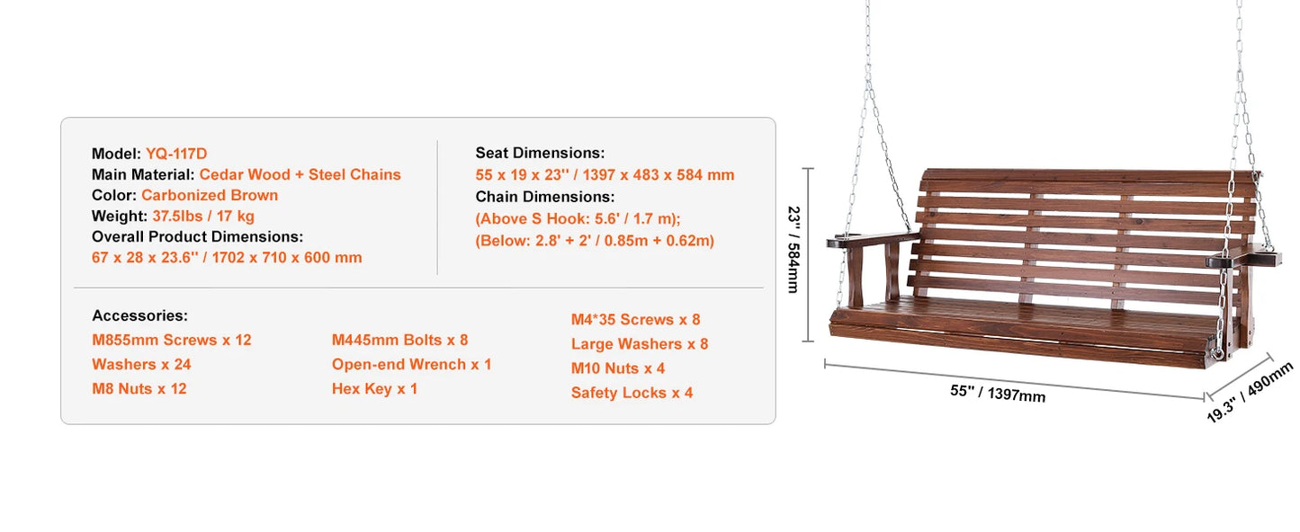 Wooden Porch Swing 5 ft Patio bench swing for Courtyard Garden Upgraded 880 lbs Strong Load Capacity Swing Chair Bench