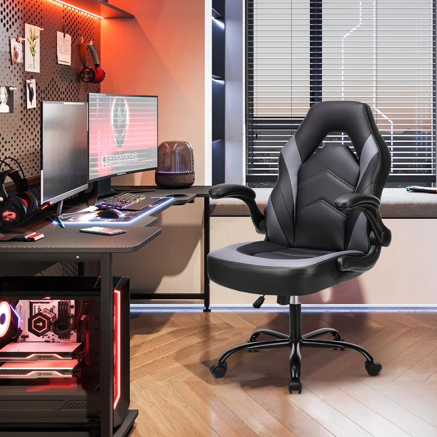 JHK Ergonomic Office Computer Home Gaming Desk Chair Adjustable PU Leather Racing Chair Flip-up Armrest