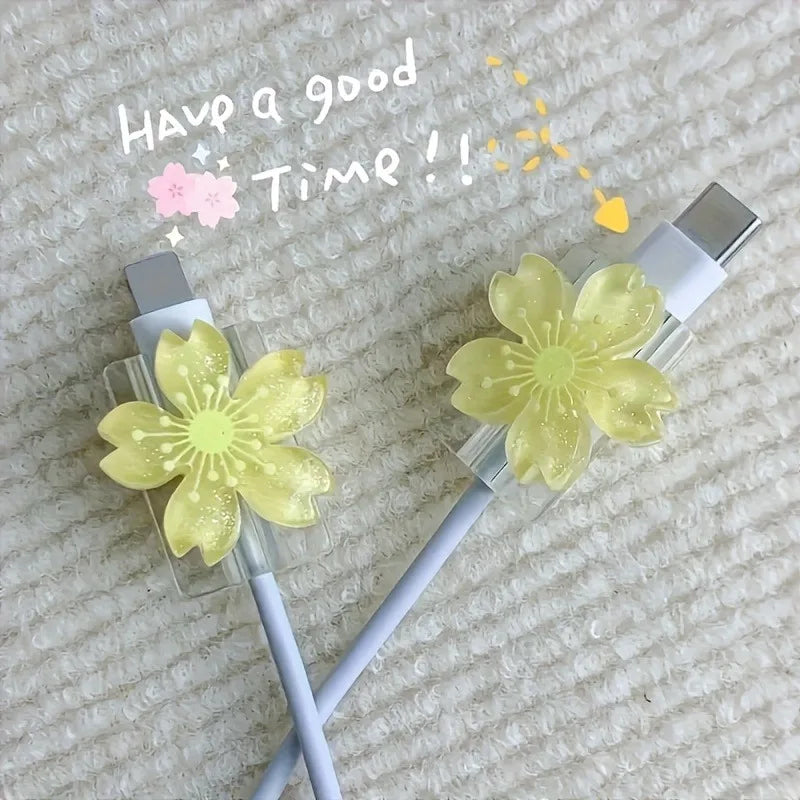 2pcs Cartoon Cable Protector Cute Flowers USB Charger Protector Cable Organizer Kawaii Data Line Cord Cable Winder For iPhone