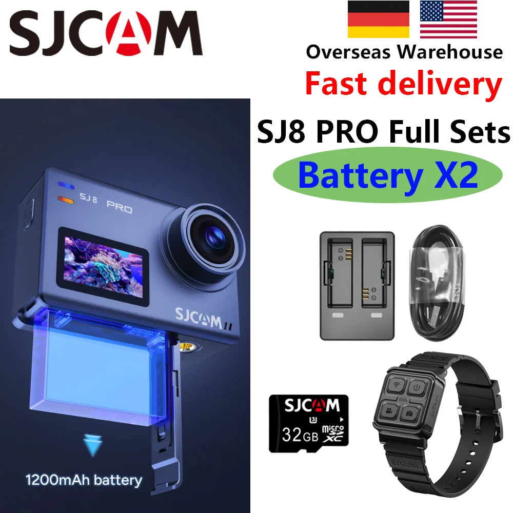 SJCAM SJ8 Pro Action Camera Set 4K 12MP WiFi Dash Cam for YouTube Live Streamin Remote Control Watch Dual Battery Version HUD